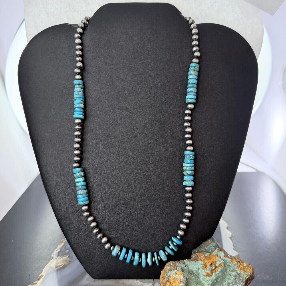 Sterling Southwestern Style Blue Turquoise Beads & Starling Beads 19" Necklace